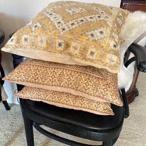 Moroccan Gold Thread Embroidered Pillow Set (3) 16x16 Boho Decor